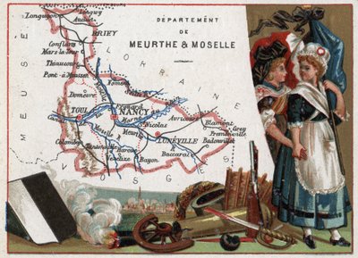 La Meurthe et Moselle (Meurthe-Et-Moselle, 54), Lorraine, Frankrike. Portrett av to revolusjonære kvinner. Serie om de franske avdelingene. Chromolithography (Chromo) "" den geografiske tråden"", ca 1920. Privat samling. av French School