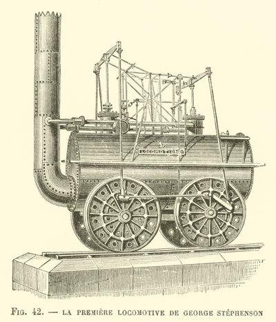 La Premiere Locomotive av George Stephenson (gravering) av French School