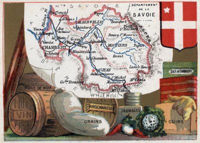 La Savoie (73), Rhône-Alpes (Rhône-Alpes), Frankrike. Serie om de franske avdelingene. Lokal spesialitet: valnøttolje, vin, korn, kirschwasser (kirsch), ost, kammergass og lær. Chromolithography (Chromo) "" den geografiske tråden"", ca 1920. P av French School