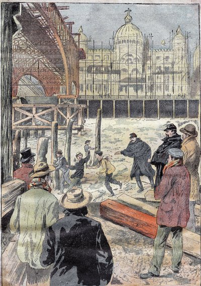 La Seine gelee, nær jernbroen bygget for den universelle utstillingen, ved siden av Pont des Invalides, vinteren 1899. Gravering i "" Le Pelerin"" 31/12/1899. av French School