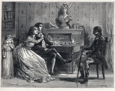 La Terreur during the French Revolution: Camille Desmoulins (1760-1794), imprisoned, received the visit of his wife Lucile (1770-1794) and the marechal Guillaume Brune (1763-1815) av French School