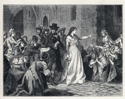 La Terreur under den franske revolusjonen: Madame Jeanne Marie Roland de la Platiere (1754-1793) forlot Concierge-fengselet for å gå for den revolusjonære domstolen i 1793. Kodene hans kneler i hans vei. av French School