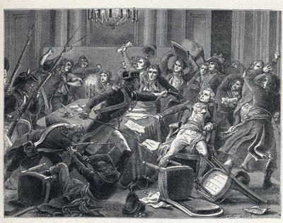 La Terreur during the French Revolution: arrest of Maximilian de Robespierre (1758-1794) and his supporters reunited at the Hotel de Ville de Paris on 9 Thermidor year II (27 July 1794). In the centre, a gendarme fired a pistol at Robespierre (1758-1794).  av French School