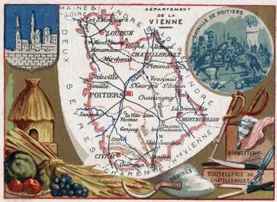 La Vienne (86), Poitou-Charentes (Poitou Charentes), Frankrike. Frø, Chatellerault bestikk og strømper. Serie om de franske avdelingene. Chromolithography (Chromo) "" den geografiske tråden"", ca 1920. Privat samling. av French School
