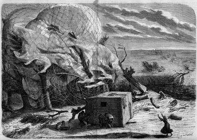 La chute du ballon ""Le Geant"" dans les plaines du Hanovre en 1863 avec a bord : Jules et Louis Godard, Felix Nadar, sa femme, Fernand Montgolfier et Thirion. Les aeronautes tentent de secourir Mme Nadar, prise sous la nacelle. Gravure in ""Le Monde Illus av French School