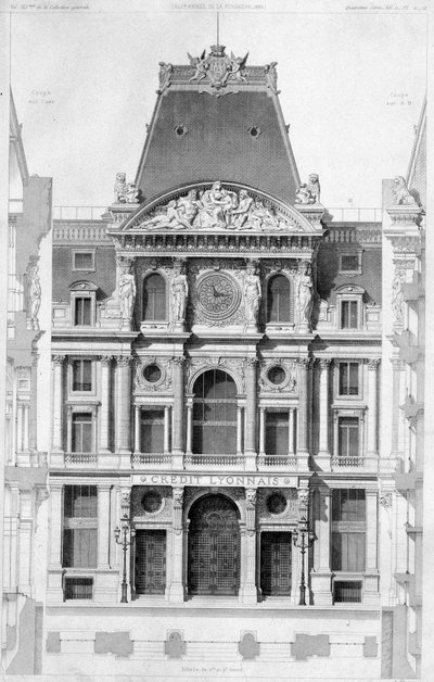 Fasaden til Crédit Lyonnais, bd des Italians - gravering, 1900-tallet av French School
