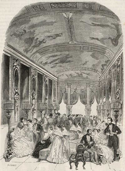 La galerie dit de Lebrun, som fungerer som et chatterom under ballet - Hotel Lambert sur l'Ile Saint Louis, 2 rue Saint Louis en l'Ile, Paris 4. arrondissement - Gravering i "Tableau-de-Paris" av Edmond Texier 1852 av French School