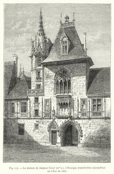 Jacques Coeurs hus, 1400-tallet, i Bourges, i dag forvandlet til et rådhus (gravering) av French School