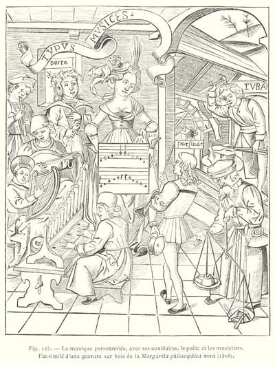 Musikk personifiserte, med sine hjelpemidler, poeten og musikerne (gravering) av French School