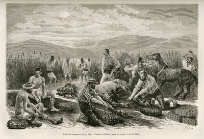 The Fishing of the Leeches, tegnet av Sahib, for å illustrere historien om Henry Belle: Travel in Greece av French School
