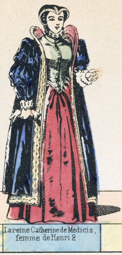 La reine Catherine de Medici, femme de Henri 2 (farget gravering) av French School