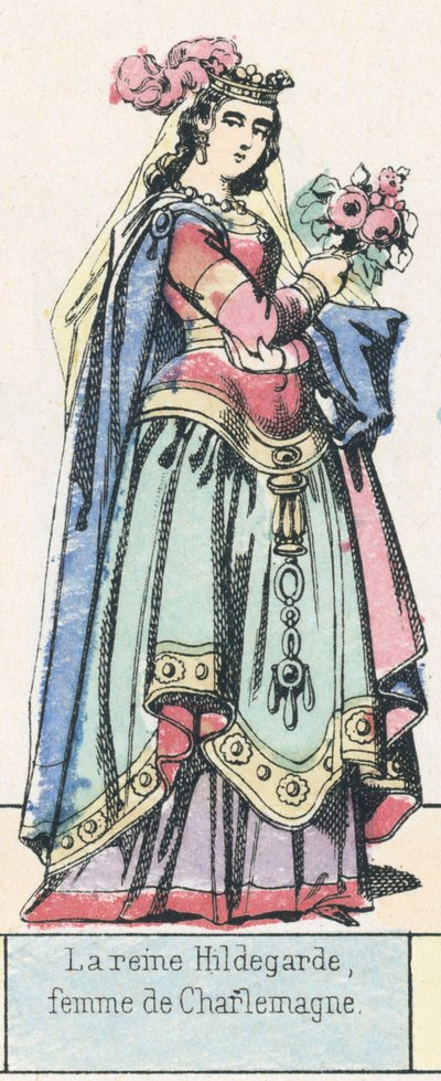Dronning Hildegard, kone til Karl den Store (farget gravering) av French School