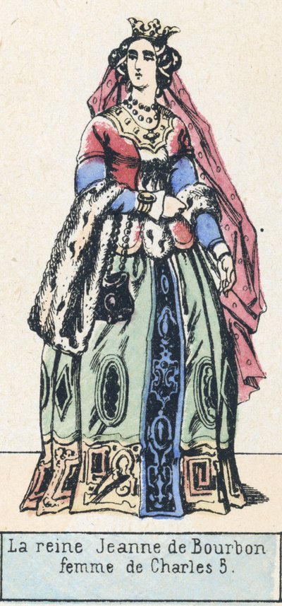 Dronning Joan av Bourbon, kone til Charles 5 (farget gravering) av French School