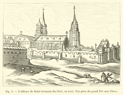 Abbey of Saint-Germain des Pres, i 1545, utsikt tatt fra Grand Pre aux Clercs av French School
