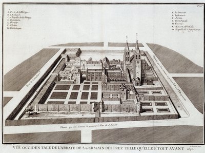 Klosteret Saint Germain før 1640 - i "" History of the abbey of St Germain des Pres"" av Dom Jacques Bouillart, red. Dupuis, Paris av French School