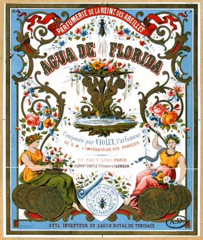 Etikettannonsering Aqua de Florida-parfyme fra parfymebutikken La Reine des Abeilles, Paris, 2. halvdel av 1800-tallet av French School