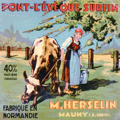 Etikett for Pont-LEveque-ost laget av ostemakeren M. Herselin, tidlig på 1900-tallet av French School