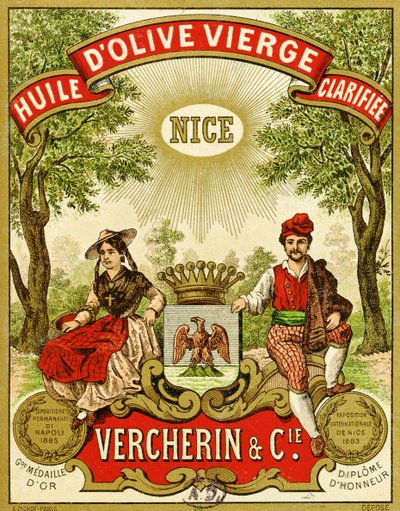 Etikett for Vercherin Extra Virgin Olive Oil, ca. 1885-90 av French School