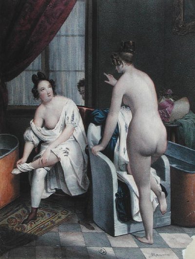 Damer som tar et bad, ca. 1840 (litho-farge) av French School