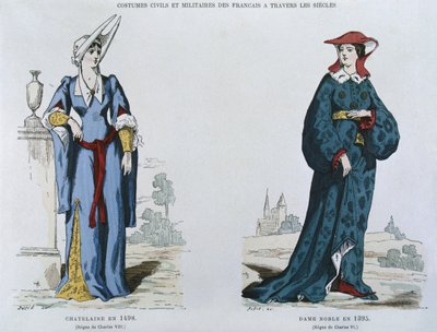 Dame i 1498 under styret til Charles VIII (1470-98), adelskvinne i 1395 under styret til Charles VI (1380-1422), fra franske sivile og militære kostymer gjennom århundrene (farge lith av French School