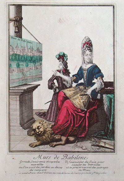 Dame som viser et bilde av Semiramis og Babylons hengende hager (farge litho) av French School