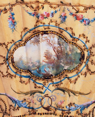 Landskap, detalj av håndvifte som viser hvile under jakt, malt silke og bein, laget av Felix Alexandre, Paris, ca 1870, Frankrike av French School