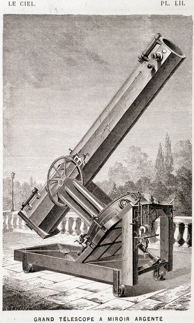 Stort sølvspeilteleskop (Léon Foucault-systemet), ekvatorialt montert for Marseille-observatoriet - i "" Le Ciel" av Amédée Guillemin, Hachette, Paris av French School