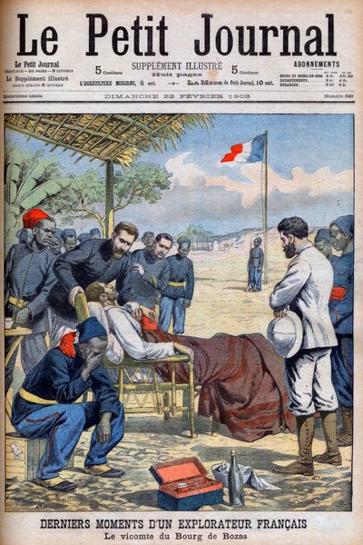 Siste øyeblikk av en fransk oppdagelsesreisende Viscount Pierre Marie Robert Du Bourg de Bozas (1871-1903) i Bourg de Boza i tropisk Afrika «Le Petit Journal» 22. februar av French School