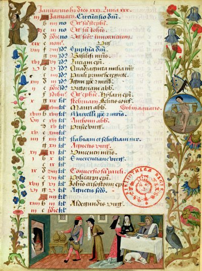 Lat 1173 f.1 januar; figurer som spiser og drikker, av Robinet Testard, fra Hours of Charles of Angouleme av French School