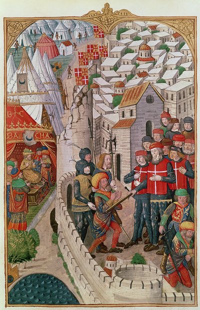 Lat 6067 f.39 Henrettelsen av de to tyrkerne som hadde infiltrert Rhodos og konspirerte for å forgifte sjefen for garnisonen i 1480, fra A History of the Siege of Rhodes, av Guillaume Caoursin, 148 av French School