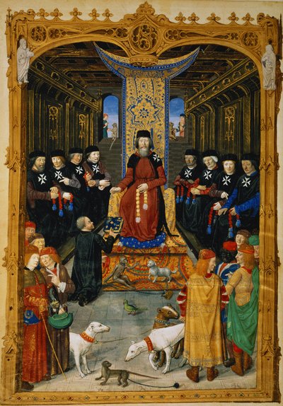 Lat 6067 f.3v Forfatteren som dedikerer sin bok til Pierre dAubusson, stormester av Johannesordenen av Jerusalem, fra A History of the Siege of Rhodes, av Guillaume Caoursin, 1483 av French School
