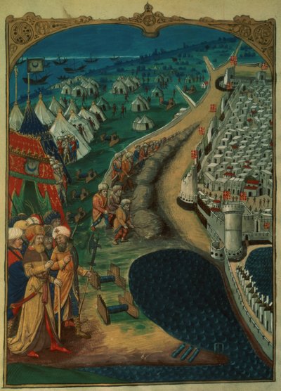 Lat 6067 f.50v Sjefsrådgiveren for Mohammed II, muligens Miseh Paleologue, som leder de tyrkiske operasjonene, ca. 1480, fra A History of the Siege of Rhodes, av Guillaume Caoursin, 1483 av French School