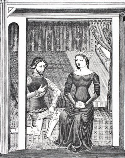 Launcelot og Guinevere, etter en miniatyr fra et manuskript fra 1300-tallet, fra Science and Literature in The Middle Ages av puben Paul Lacroix. London 1878 av French School