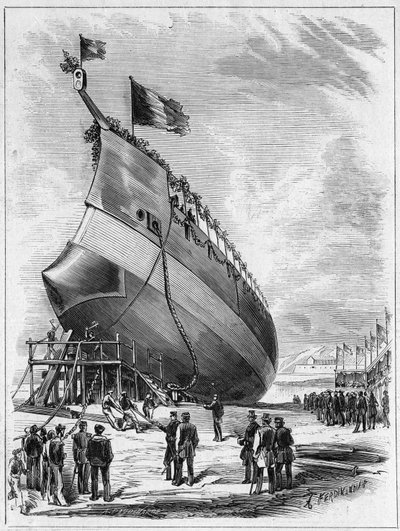 Lansering av panserskipet "" La Galissonniere"", 7. mai 1872 i havnen i Brest, Finistere (29). Gravering i "" Le Monde Illustré"" nr. 789 av 25. mai 1872. av French School