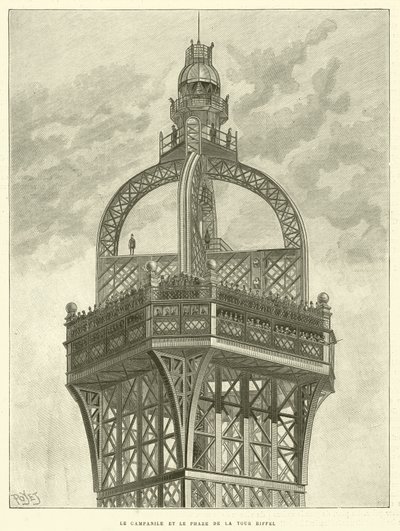 Campanile og fyrtårnet i Eiffeltårnet (gravering) av French School