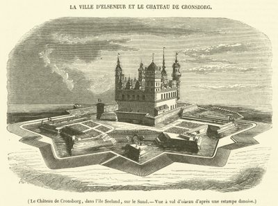 Cronsborg slott, Sjælland, ved sundet, fugleperspektiv (gravering) av French School
