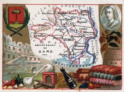 Le Gard (30), Languedoc-Roussillon (Languedoc Roussillon), Frankrike - Lokal spesialitet: eau de vie (destillasjonsapparat) og vin - Portrett av Jean-Pierre-Claris (Jean Pierre Claris) de Florian (1755-1794) - Serie på de franske avdelingene - Chromoli av French School