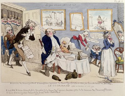 Le Gourmand, karikatur av Ludvig XVI (1754-93) og den franske kongefamilien i det øyeblikk de ble arrestert i Varennes 21. juni 1791 av French School
