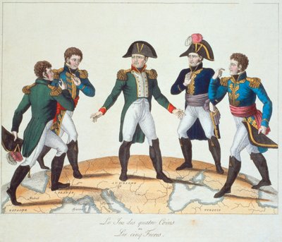 The Game of Four Coins eller The Five Brothers, bonapartistisk tegneserie som viser Napoleon og brødrene hans, 1808 av French School