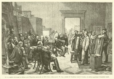 Den engelske juryen velger ut maleriene til verdensutstillingen i 1878 i Paris (gravering) av French School