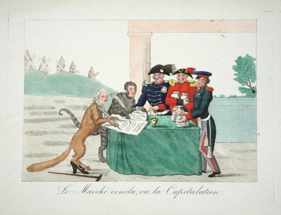 Le Marche avsluttet, eller Capitulation, pub. 1814 (håndfarget gravering) av French School