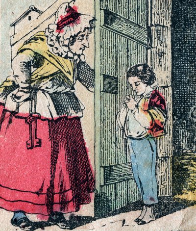Le Pere Fouettard, fransk karakter for den piskede faren, legendarisk folklorefigur som straffer de slemme barna: hans kone, La Mere Fouettard, den piskede moren, som leverer omvendte barn - Epinalt bilde av French School