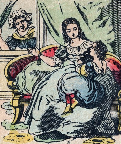 Le Pere Fouettard, fransk karakter for den piskede faren, legendarisk folklorefigur som straffer de slemme barna: hans kone, La Mere Fouettard, den piskede moren som ikke irettesetter de kloke barna - Epinalt bilde av French School