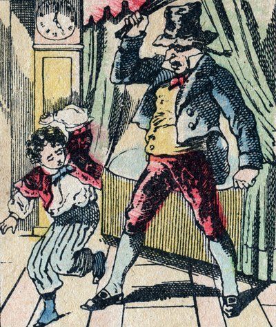 Le Pere Fouettards legendariske karakter av folklore, straffer ukloke barn med pisken sin, og omslutter ulydige barn, bilde av Epinal av French School