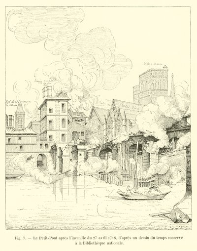 Petit-Pont etter brannen 27. april 1718, fra en tegning av tiden oppbevart på Nasjonalbiblioteket av French School