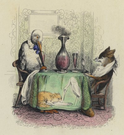 The Fox And The Stork (farget gravering) av French School