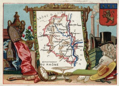 Le Rhone (69), Rhone Alpes (Rhône-Alpes), Frankrike. Lokal spesialitet: silke, brun, blonder. Serie om de franske avdelingene. Chromolithography (Chromo) "" den geografiske tråden"", ca 1920. Privat samling. av French School