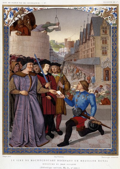 Sire de Rochechouart mottar en kongelig budbringer. etter Fouquet, i "The Chroniclers of the History of France fra opprinnelsen til 1500-tallet" av Mme de Witt, Paris av French School