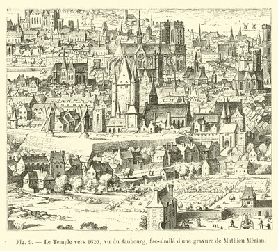 Templet rundt 1620, sett fra faubourg, faksimile av en gravering av Mathieu Merian av French School