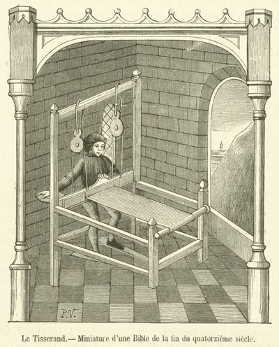 The Weaver, miniatyr fra en bibel fra slutten av det fjortende århundre (gravering) av French School
